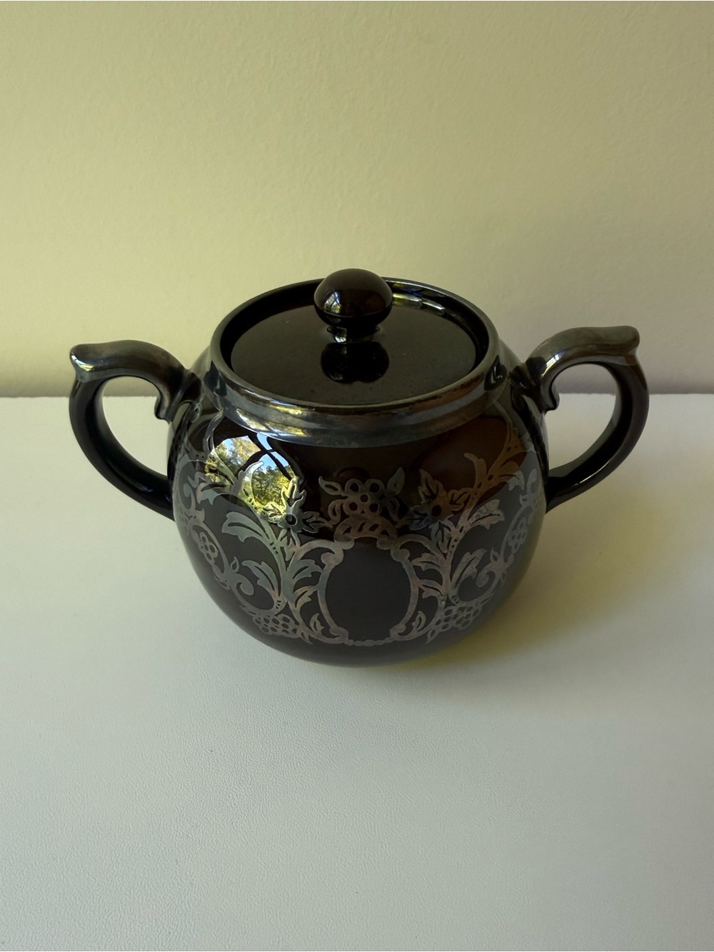 Black Glass Lidded Sugar Bowl with Silver Scroll Design